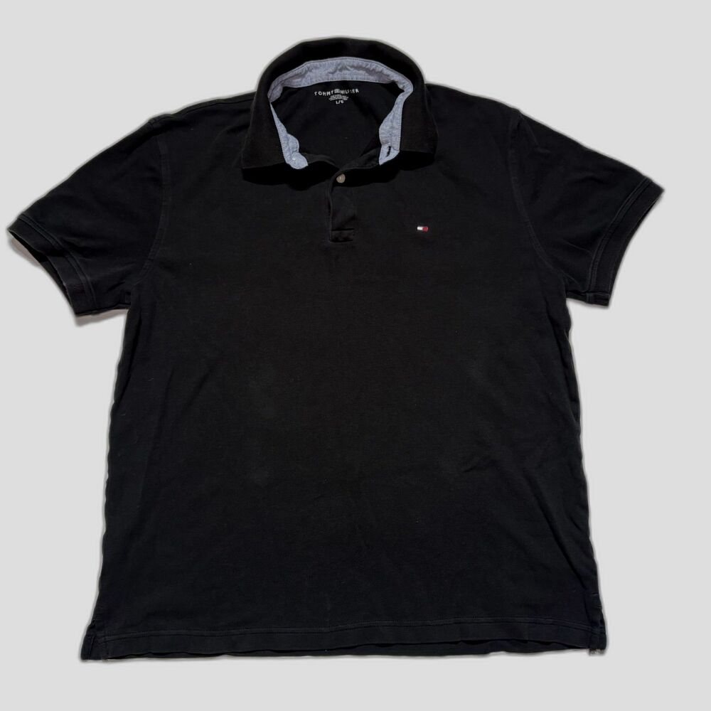 Tommy Hilfiger Polo Shirt Mens L Black Short Sleeve Classic Logo Cotton Preppy